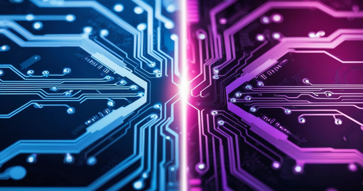 Electronic components on a circuit board illuminated by blue and purple light.