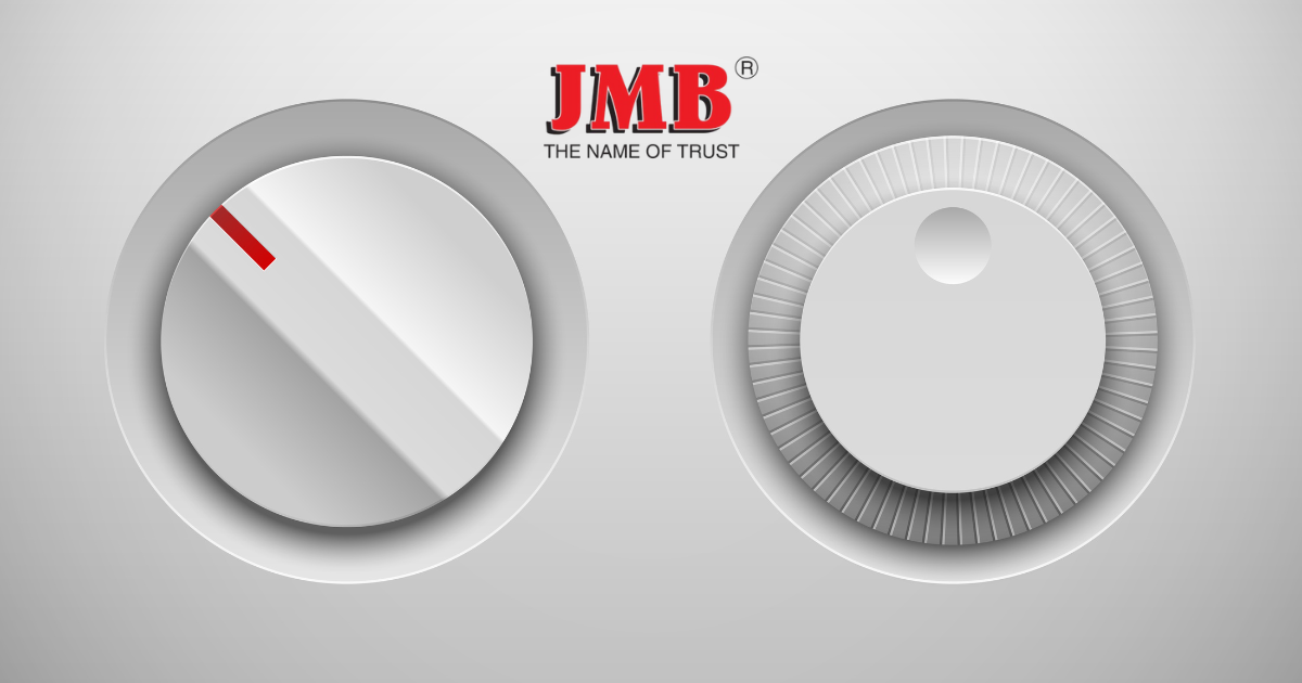 Two sleek, modern fan regulator dials designed with a metallic finish, showcasing innovative design and functionality by JMB, a leading fan regulator manufacturer in India.