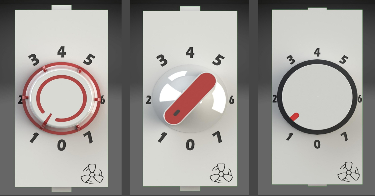 Three different types of fan regulators with varying designs and colors.