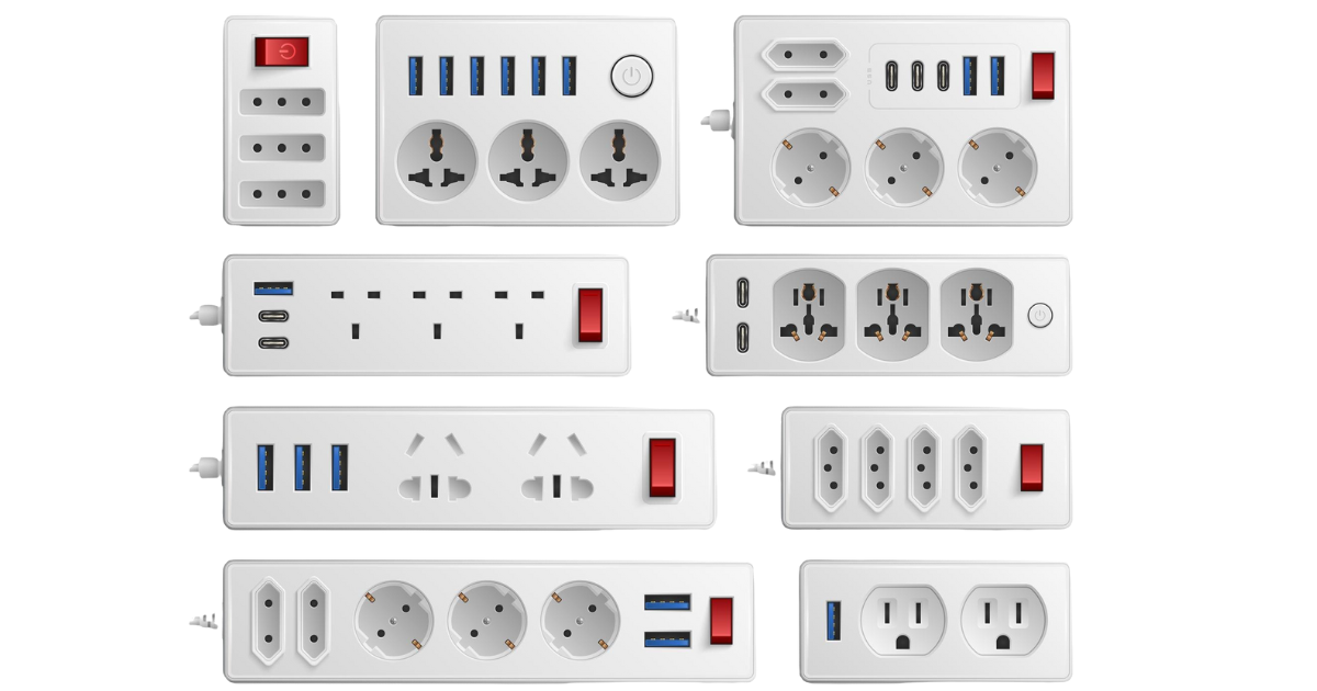 A collection of various multi-socket power strips and wall outlets with USB ports, switches, and diverse plug configurations.