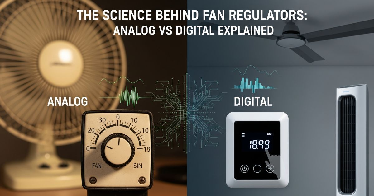 Image comparing analog and digital fan regulator manufacturers, featuring an analog fan regulator with a dial and a digital fan regulator with a display screen, alongside ceiling and tower fans.