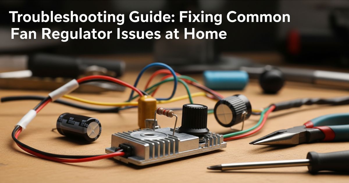 A troubleshooting setup with components from fan regulator manufacturers, including wires, a capacitor, a potentiometer, and tools like pliers and a screwdriver on a wooden surface.