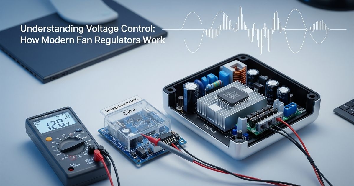 Image of fan regulator manufacturers' voltage control unit with a multimeter showing 120V, illustrating how modern fan regulators work.