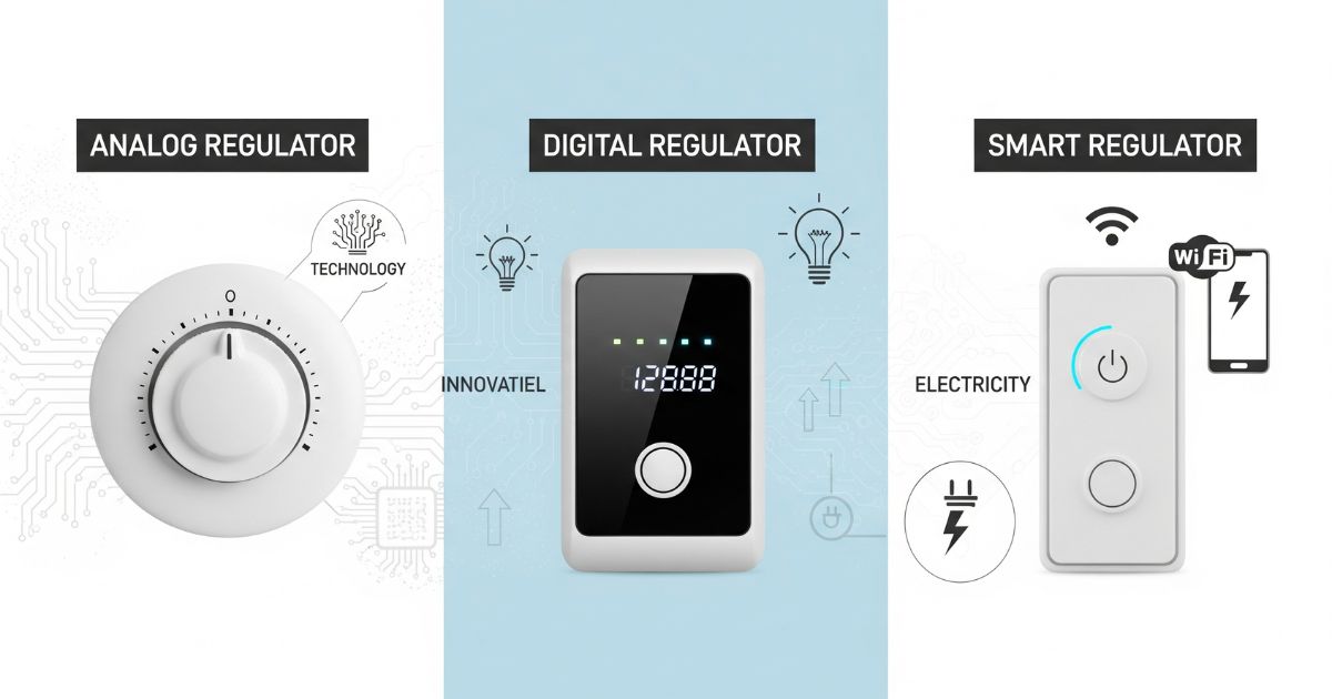 Comparison of Analog, Digital, and Smart Fan Regulator types, illustrating fan regulator manufacturing innovation.