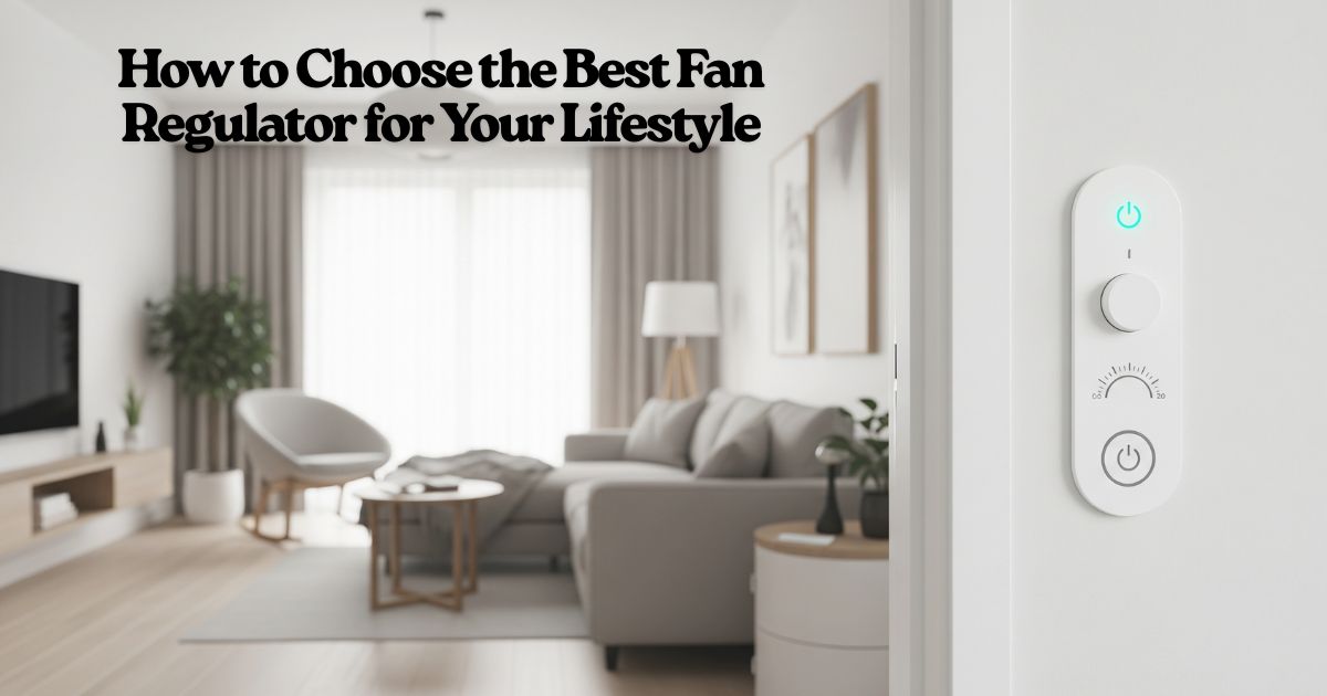 Modern white fan regulator on a wall, showcasing quality from fan regulator manufacturers, with a blurred stylish living room in the background.