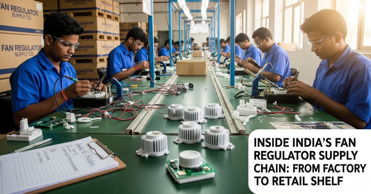 Workers on an assembly line manufacturing fan regulators, fan regulator company supply chain in India