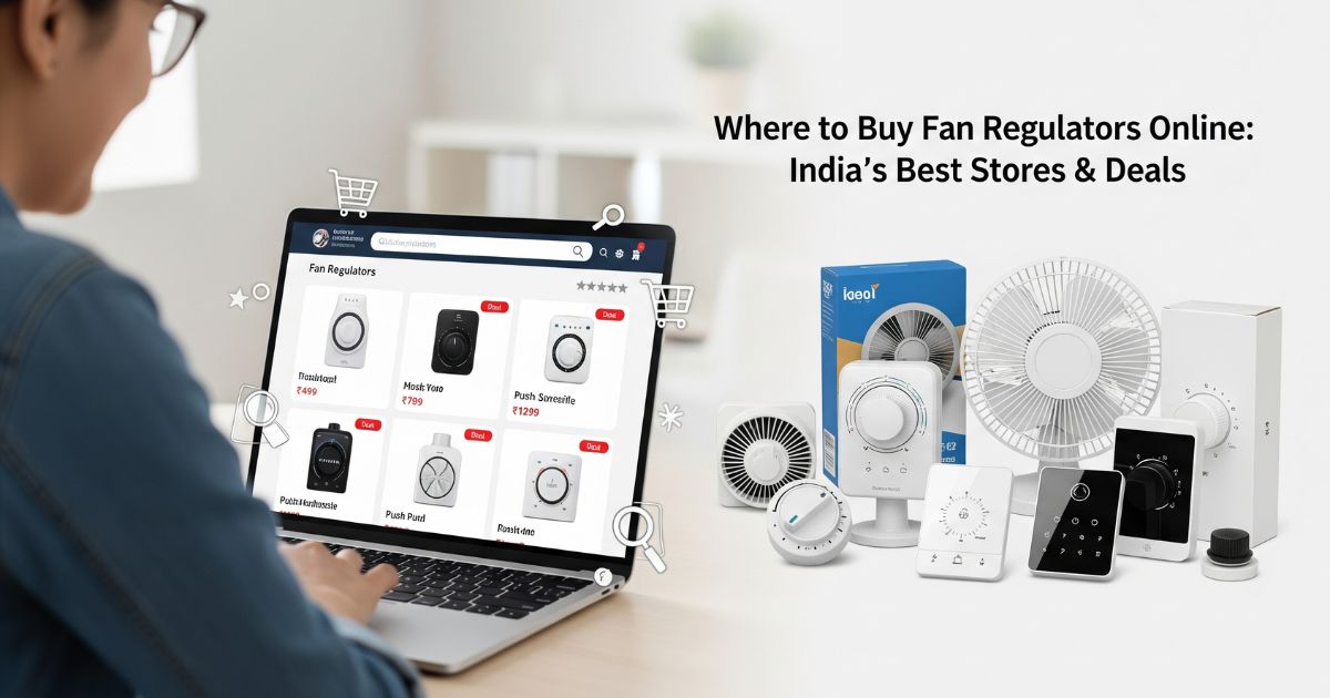Woman shopping for fan regulators online on a laptop, comparing products from different brands and a fan regulator company