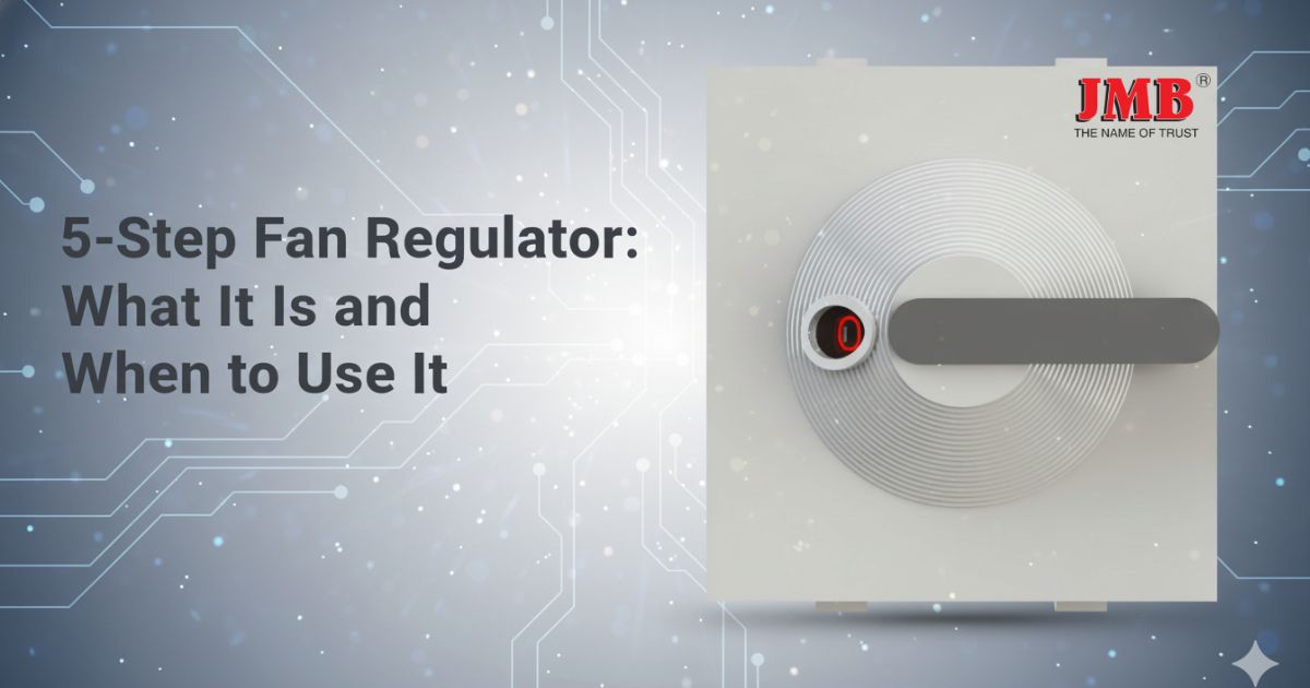 Graphic illustration of a JMB modular switch explaining the features and 5 step fan regulator price for home interiors.