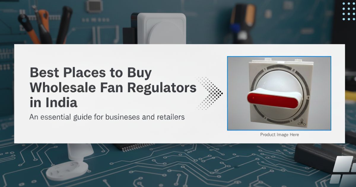 Featured blog banner titled Best Places to Buy Wholesale Fan Regulators in India, showcasing a white rotary switch and highlighting top fan regulator manufacturers for business and retail sourcing.
